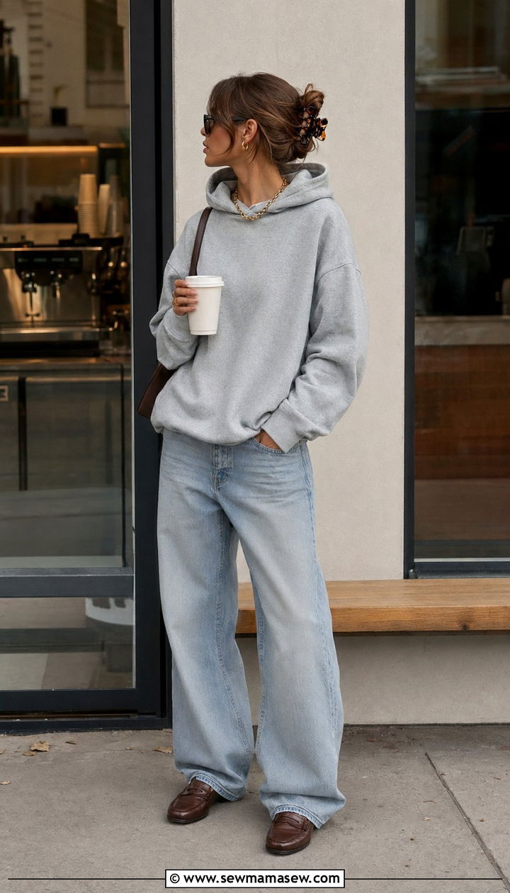 Oversized Hoodie With Baggy Jeans and Classic Brown Loafers - 30 Baggy jeans outfit ideas with loafers