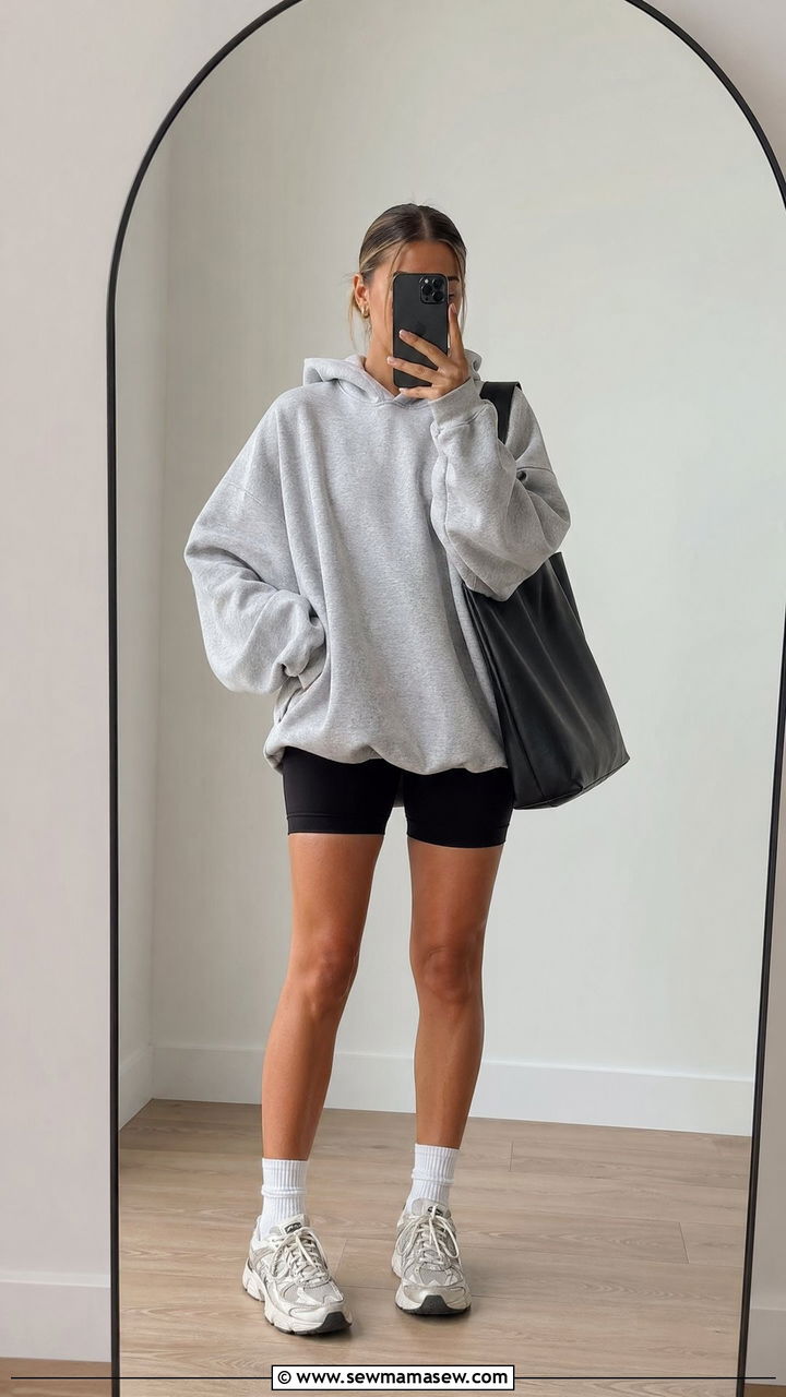 Oversized Hoodie With Biker Shorts And Crew Socks - 35 casual outfits aesthetic