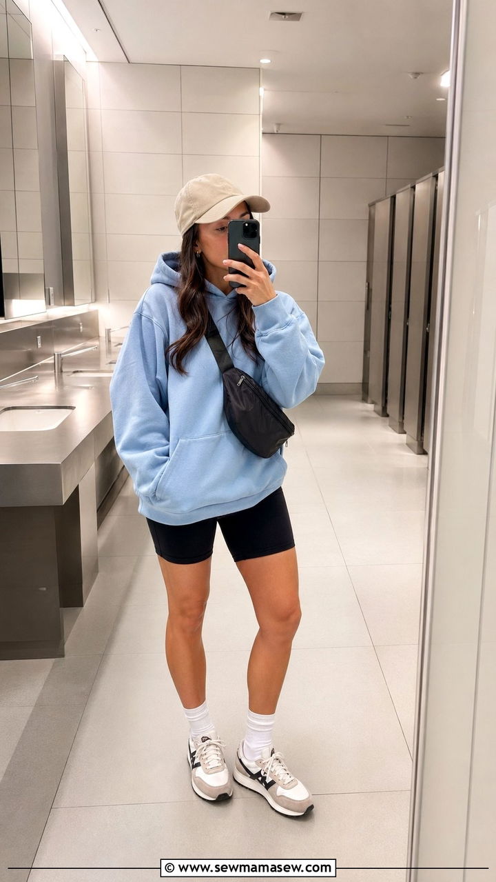 Oversized Hoodie With Biker Shorts - 30 airport outfits Pinterest
