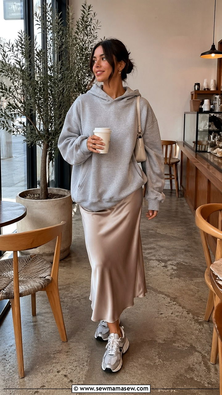 Oversized Hoodie With Satin Midi Skirt And Sneakers - 30 Sporty chic outfit ideas 2026