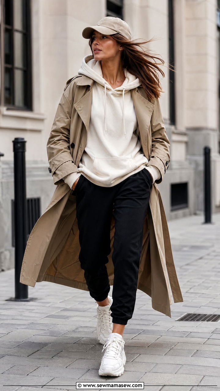 Oversized Hoodie With Structured Trench Coat And Sneakers - 35 Windy summer outfits