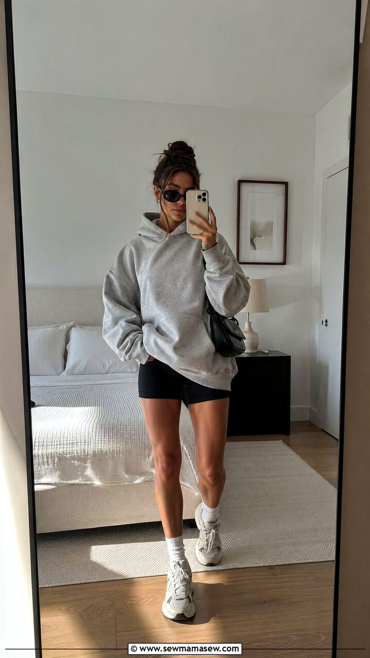 Oversized Hoodie and Biker Shorts - 35 Walking outfit ideas women