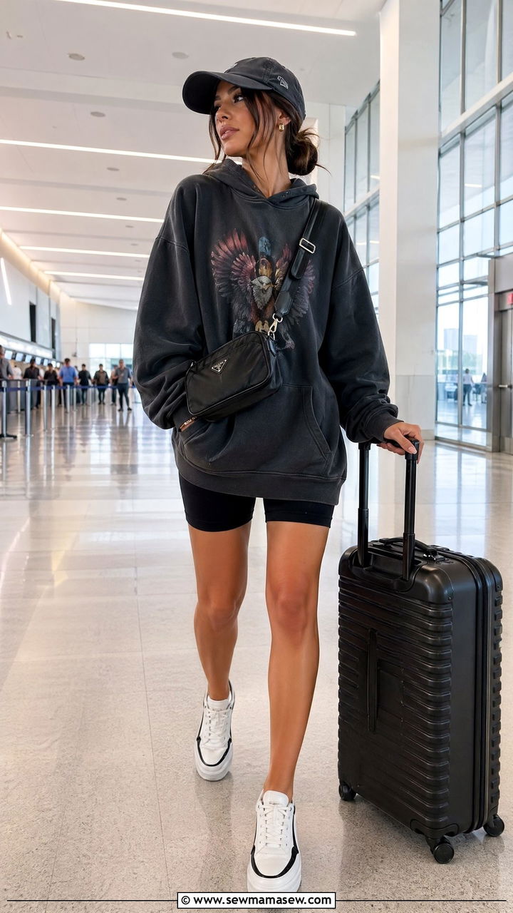 Oversized Hoodie and Biker Shorts Sporty Chic Airport Outfit - 35 Sporty chic outfit ideas for airport