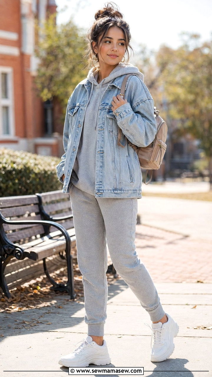 Oversized Hoodie and Denim Jacket Outfit - 30 back to school outfits aesthetic