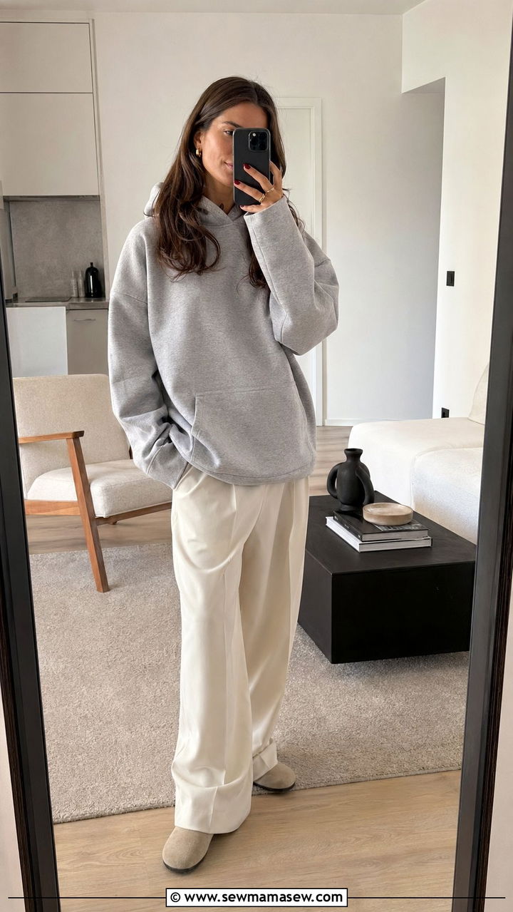 Oversized Hoodie and Wide Leg Trousers With Slip On Shoes - 35 Normcore outfit ideas