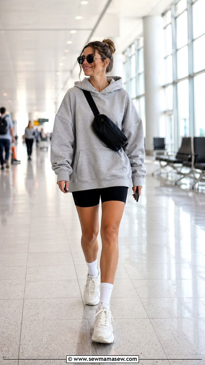 Oversized Hoodie with Biker Shorts - 30 Sporty chic outfit ideas for travel