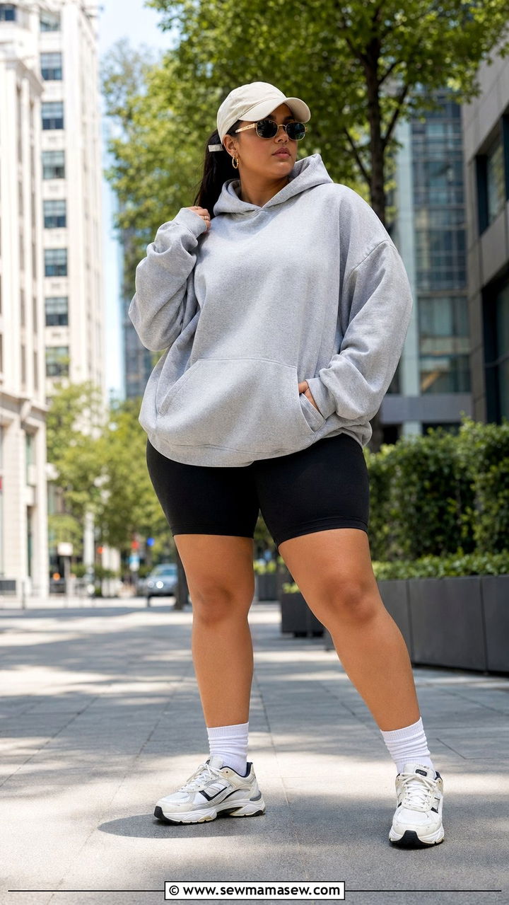 Oversized Hoodie with Biker Shorts - 35 Plus size workout outfits