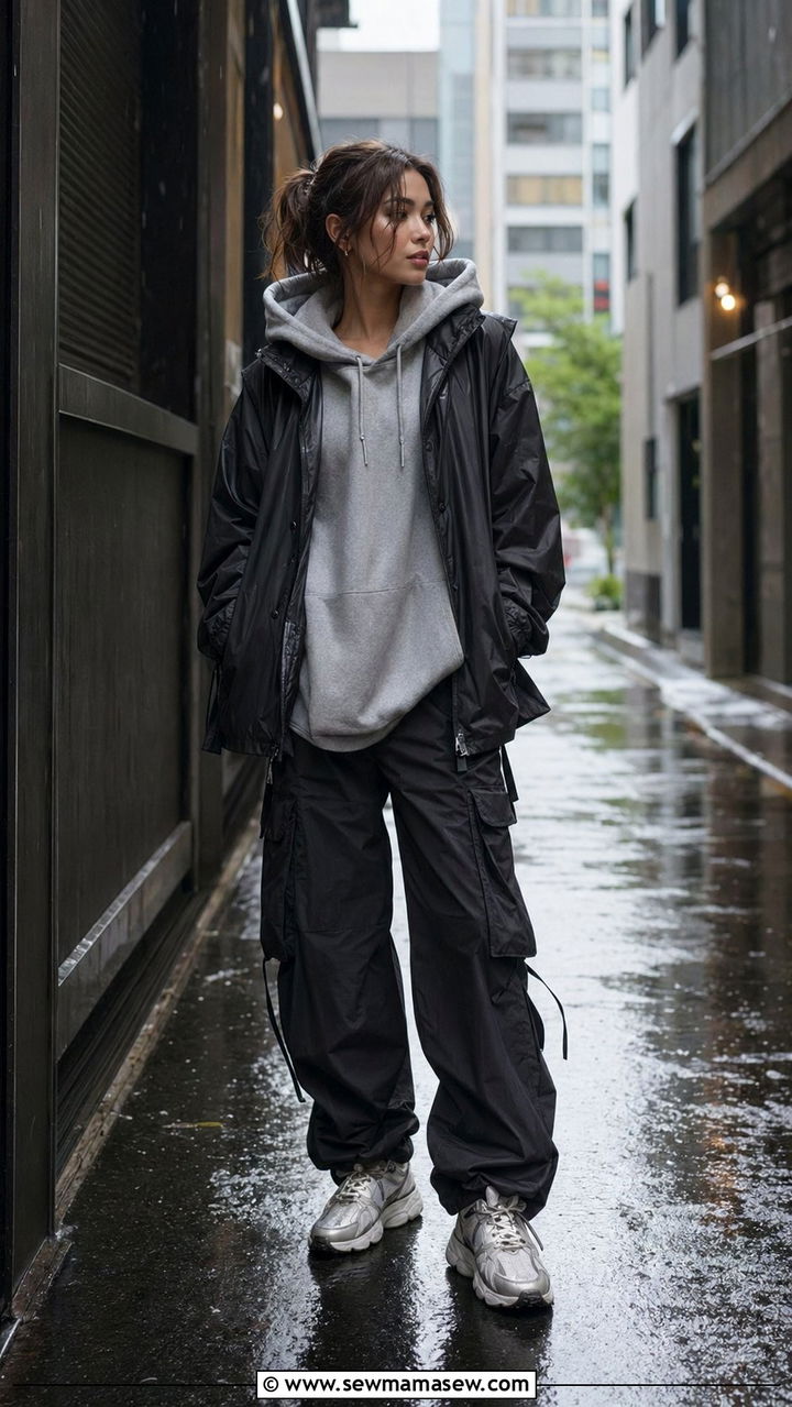 Oversized Hoodie with Cargo Pants and Chunky Sneakers - 35 rainy day outfit ideas