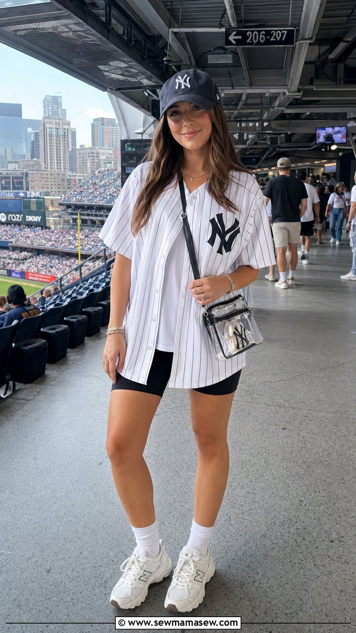 Oversized Jersey With Biker Shorts And Chunky Sneakers - 30 Baseball game outfit ideas