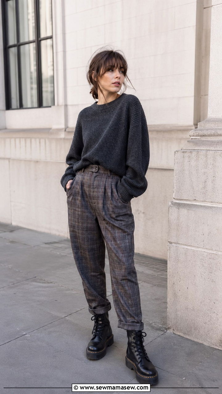 Oversized Knit Sweater And Plaid Trousers - 30 spring grunge outfit ideas
