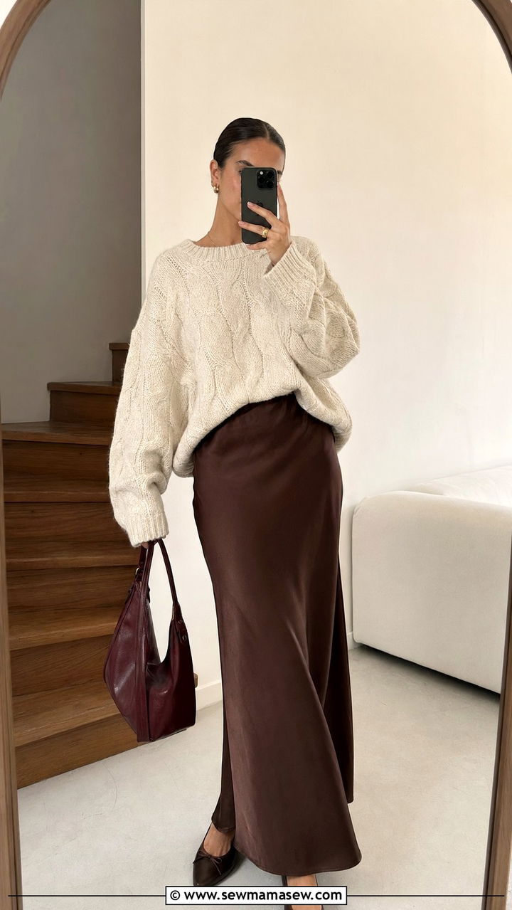 Oversized Knit and Satin Maxi Skirt Modest Outfit - 35 modest classy outfits aesthetic