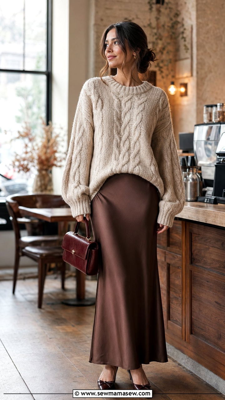 Oversized Knit with Satin Maxi Skirt - 35 modest classy outfits