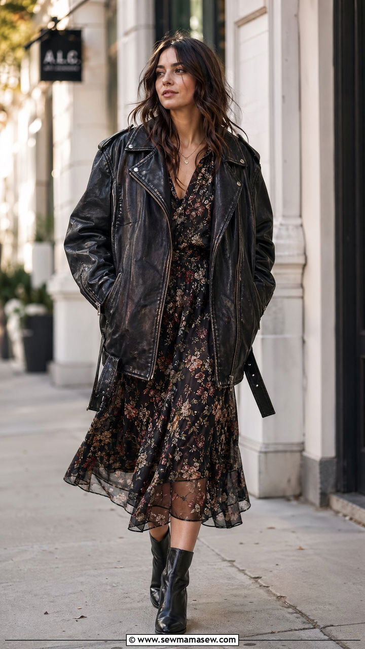 Oversized Leather Jacket Over a Flowy Midi Dress - 40 trendy outfits for women