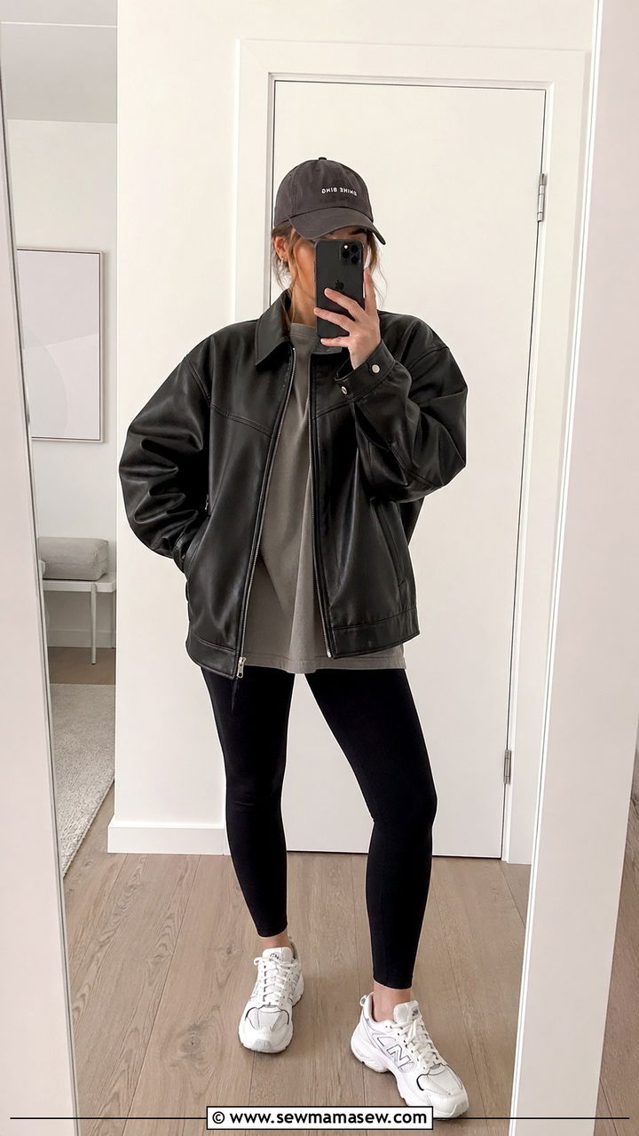 Oversized Leather Jacket With Leggings And Chunky Sneakers - 30 spring leather jacket outfit ideas