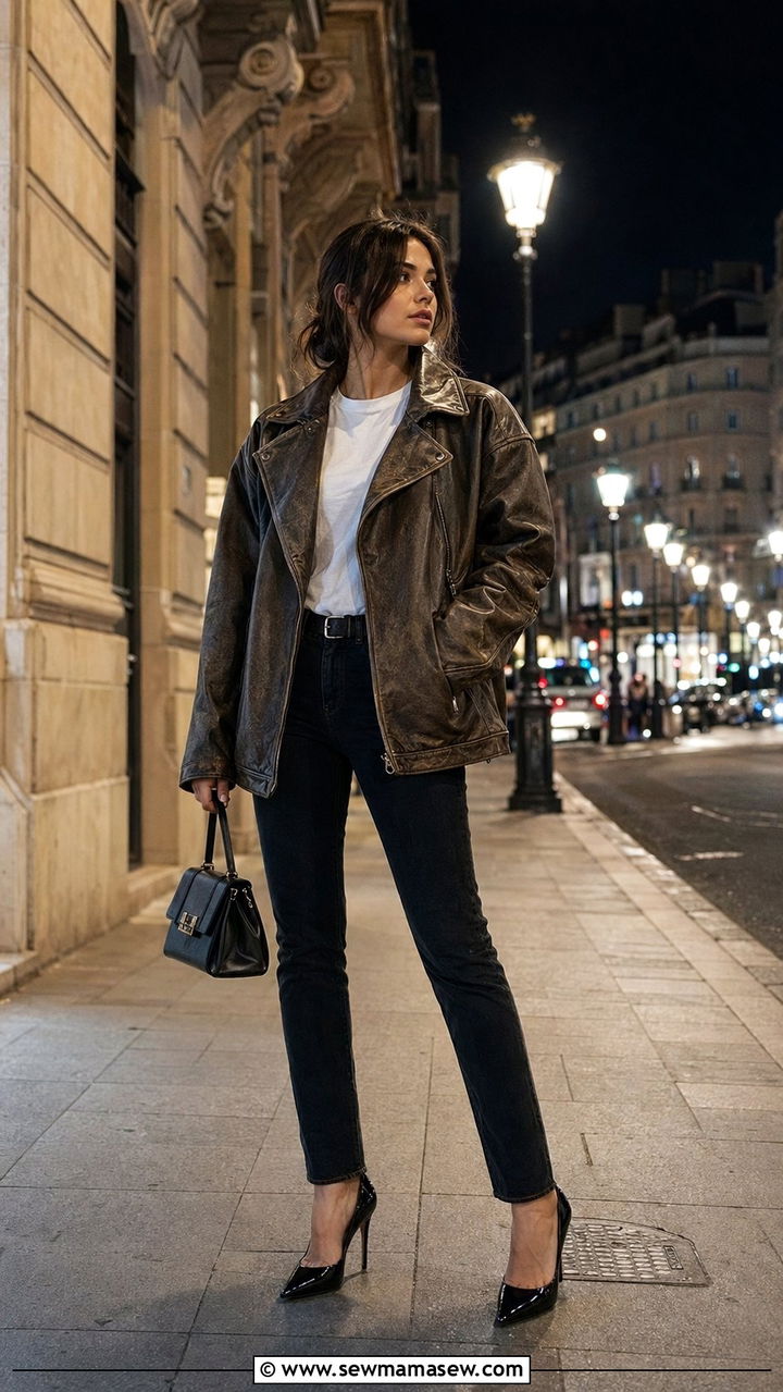 Oversized Leather Jacket With Slim Jeans and Stiletto Pumps - 35 Parisian outfits 2026