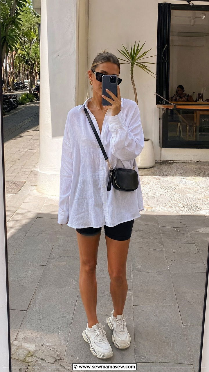 Oversized Linen Shirt With Biker Shorts - 35 Spring Bali outfit ideas