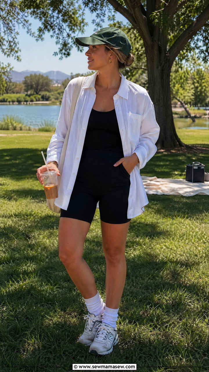 Oversized Linen Shirt and Biker Shorts - 35 Summer capsule wardrobe for moms