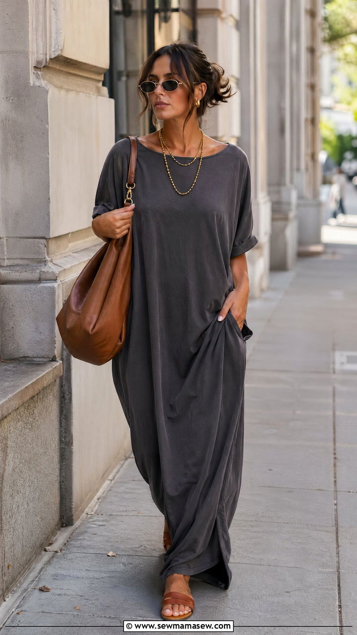Oversized Maxi Dress with Layered Necklaces and Flat Slides - 35 Summer outfits with maxi dresses