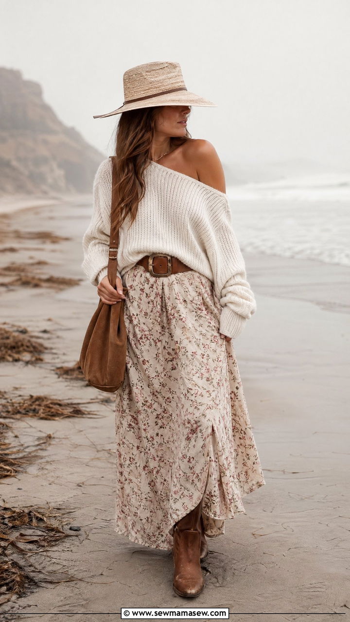 Oversized Off Shoulder Sweater with Maxi Skirt and Western Boots - 35 coastal cowgirl outfits for women