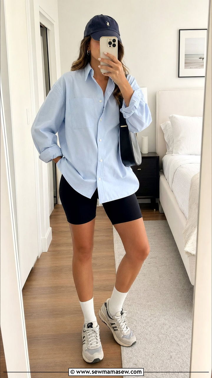 Oversized Oxford Shirt And Bike Shorts Outfit - 35 Preppy summer outfits