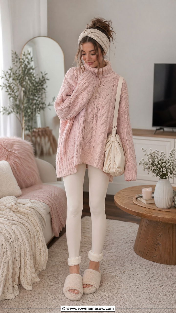 Oversized Pastel Pink Sweater with Cream Leggings - 35 Soft girl outfit ideas