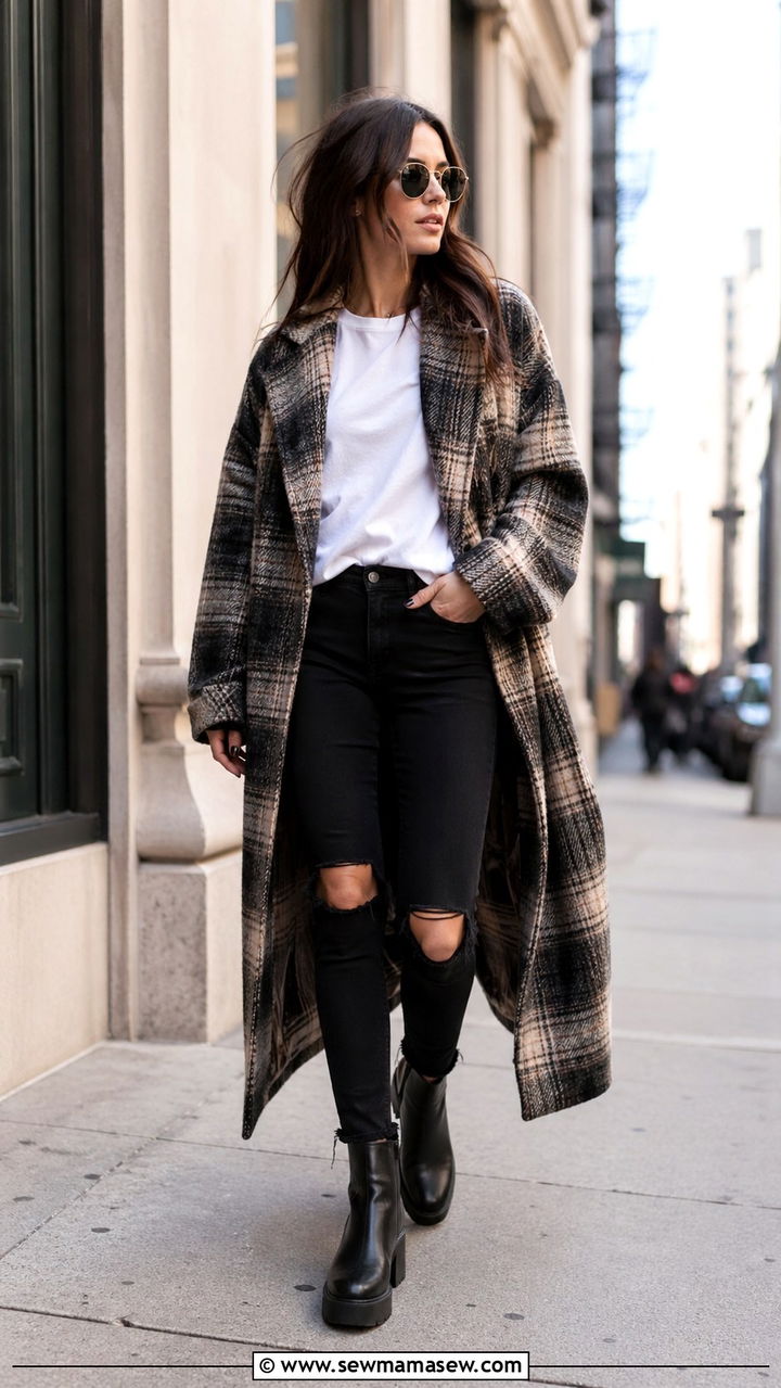 Oversized Plaid Coat And Ripped Black Skinny Jeans - 30 spring grunge outfit ideas