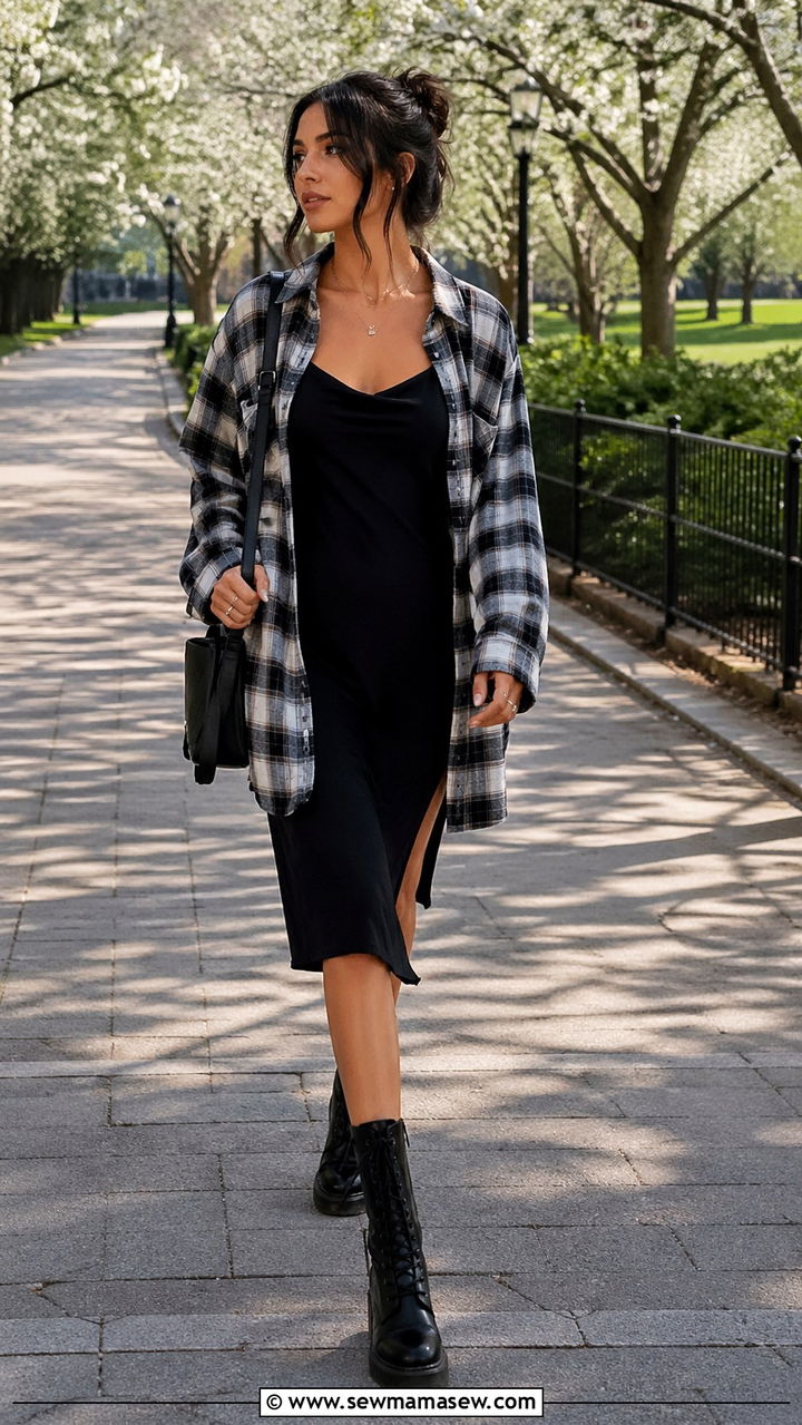 Oversized Plaid Flannel With Slip Dress And Combat Boots - 30 spring edgy outfits