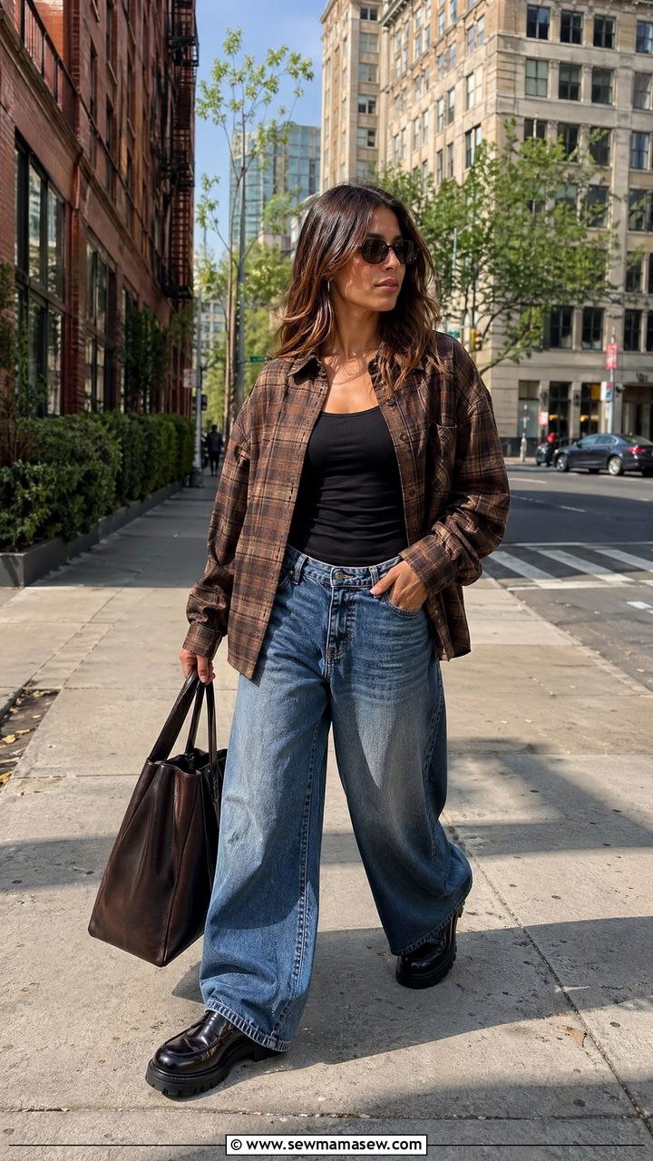 Oversized Plaid Shirt Baggy Jeans And Jumbo Tote Bag - 35 spring street style outfit ideas
