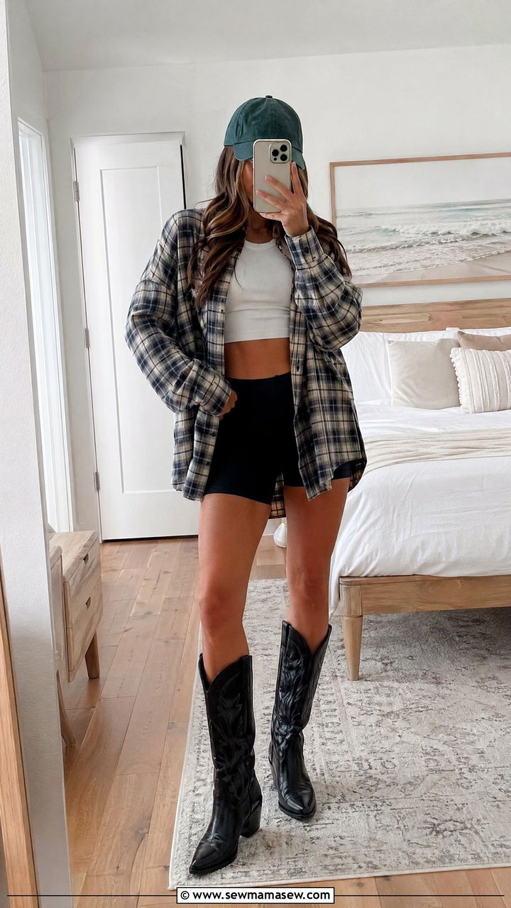 Oversized Plaid Shirt Over Biker Shorts And Cowboy Boots - 35 coastal cowgirl outfits 2026