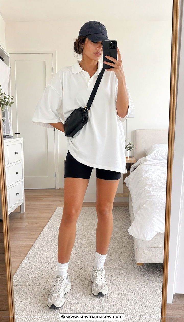 Oversized Polo Shirt with Biker Shorts - 35 Polo shirt outfit ideas for women