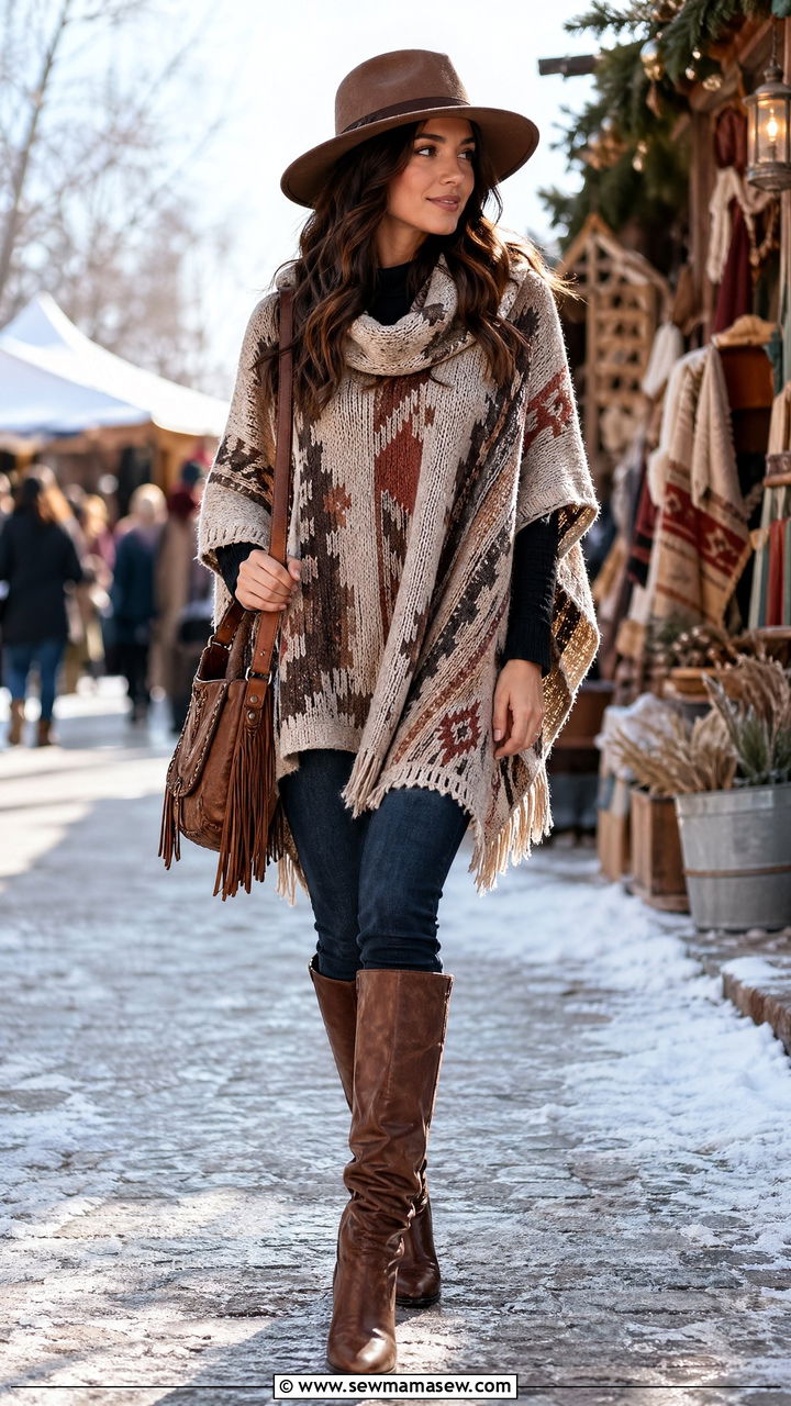 Oversized Poncho With Skinny Jeans And Boots - 35 Western boho outfit ideas