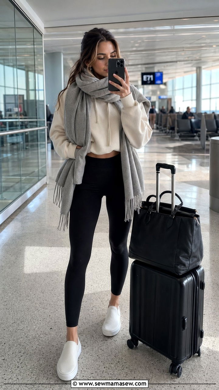Oversized Scarf With Leggings And Cropped Hoodie - 30 Airport outfits for international flights