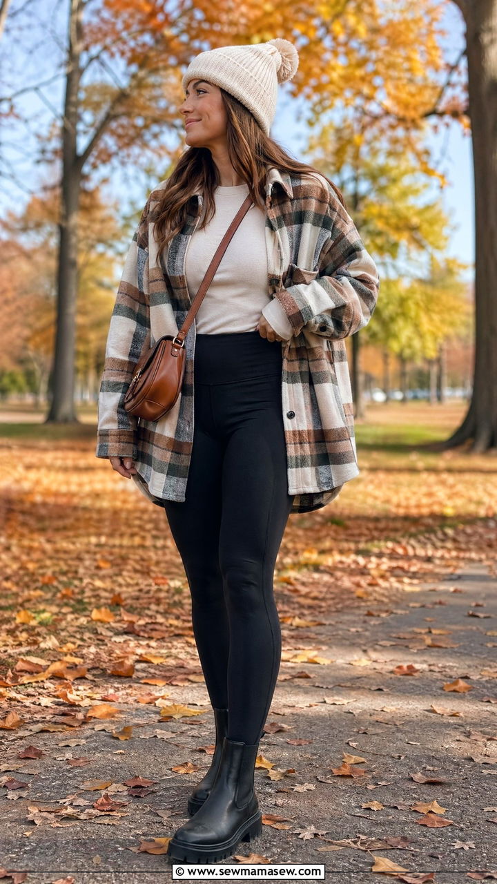 Oversized Shacket With Leggings and Lug Boots - 35 comfortable outfit ideas for women