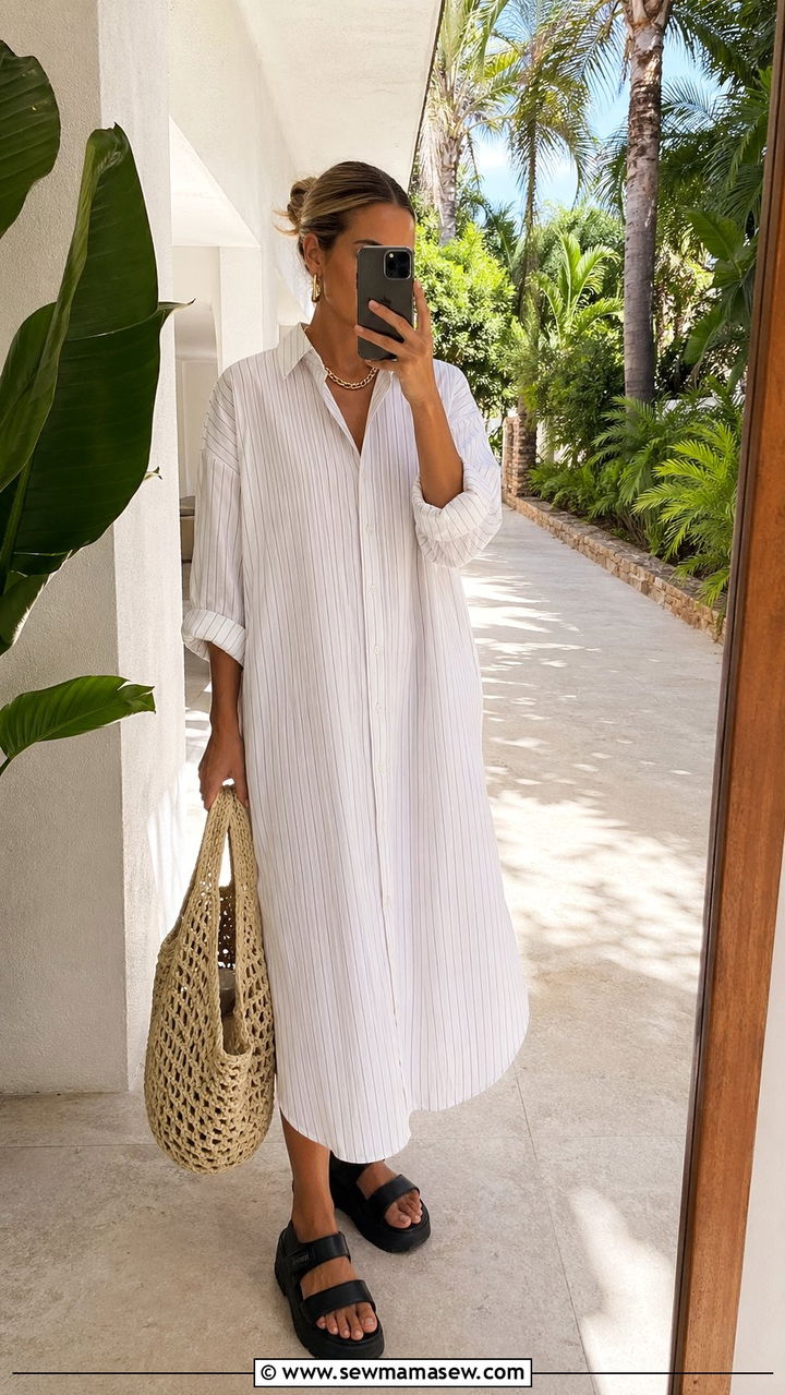 Oversized Shirt Dress And Chunky Platform Sandals - 30 beach vacation outfits