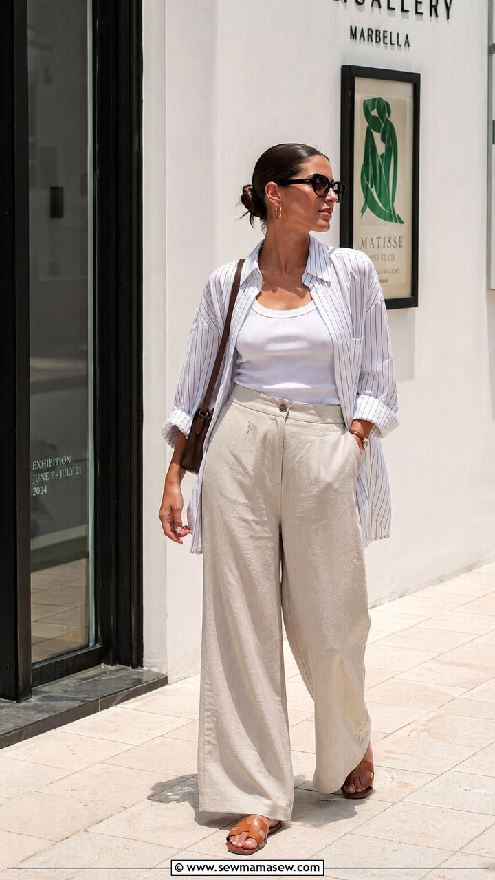 Oversized Shirt With Wide Leg Pants and Slides - 35 casual outfits ideas