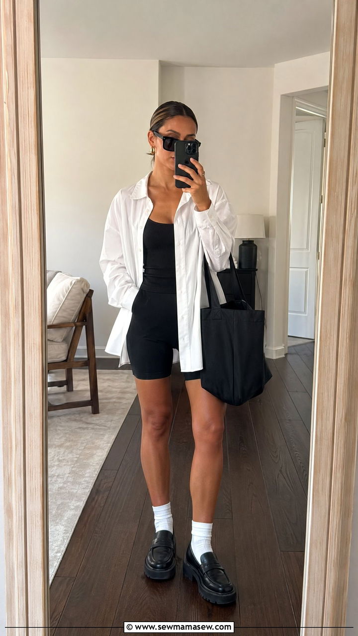 Oversized Shirt with Biker Shorts and Loafers - 35 transitional outfits casual