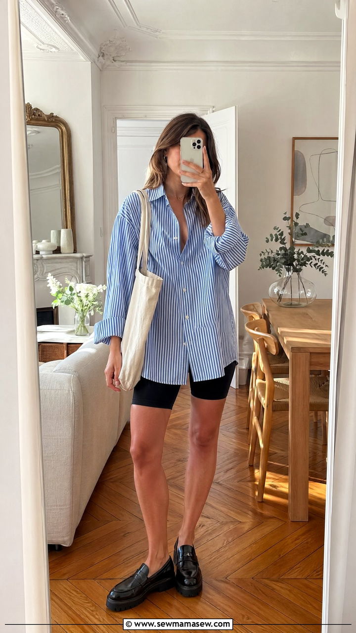 Oversized Striped Shirt With Black Biker Shorts And Chunky Loafers - 35 spring french girl outfits