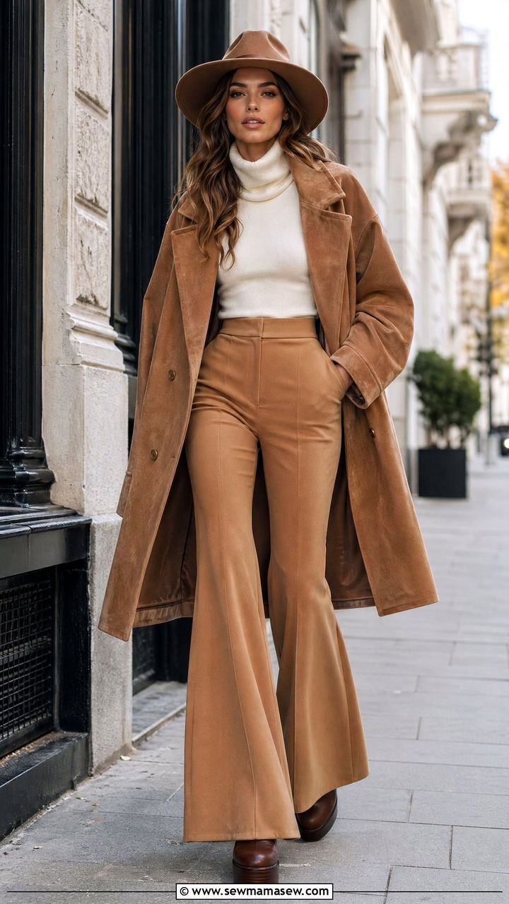 Oversized Suede Coat with Flared Pants and Fedora - 35 Western chic outfit ideas