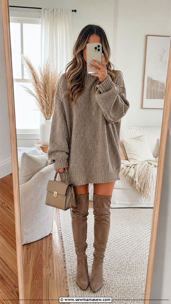 Oversized Sweater Dress with Over the Knee Boots - 35 casual sweater dress outfits