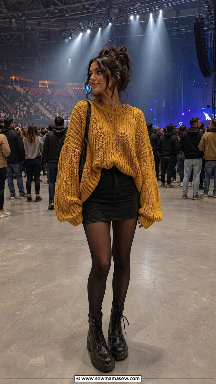 Oversized Sweater Mini Skirt And Tights - 35 concert outfits ideas