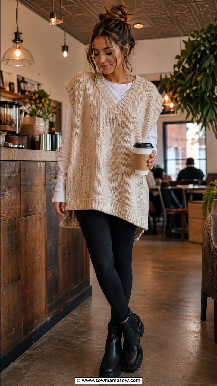 Oversized Sweater Vest with Leggings - 35 casual sweater vest outfits