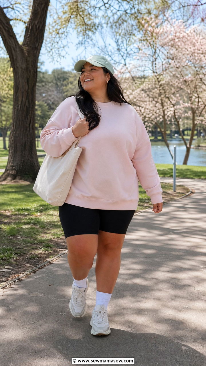 Oversized Sweater With Biker Shorts And Sneakers Outfit - 35 Spring capsule wardrobe plus size