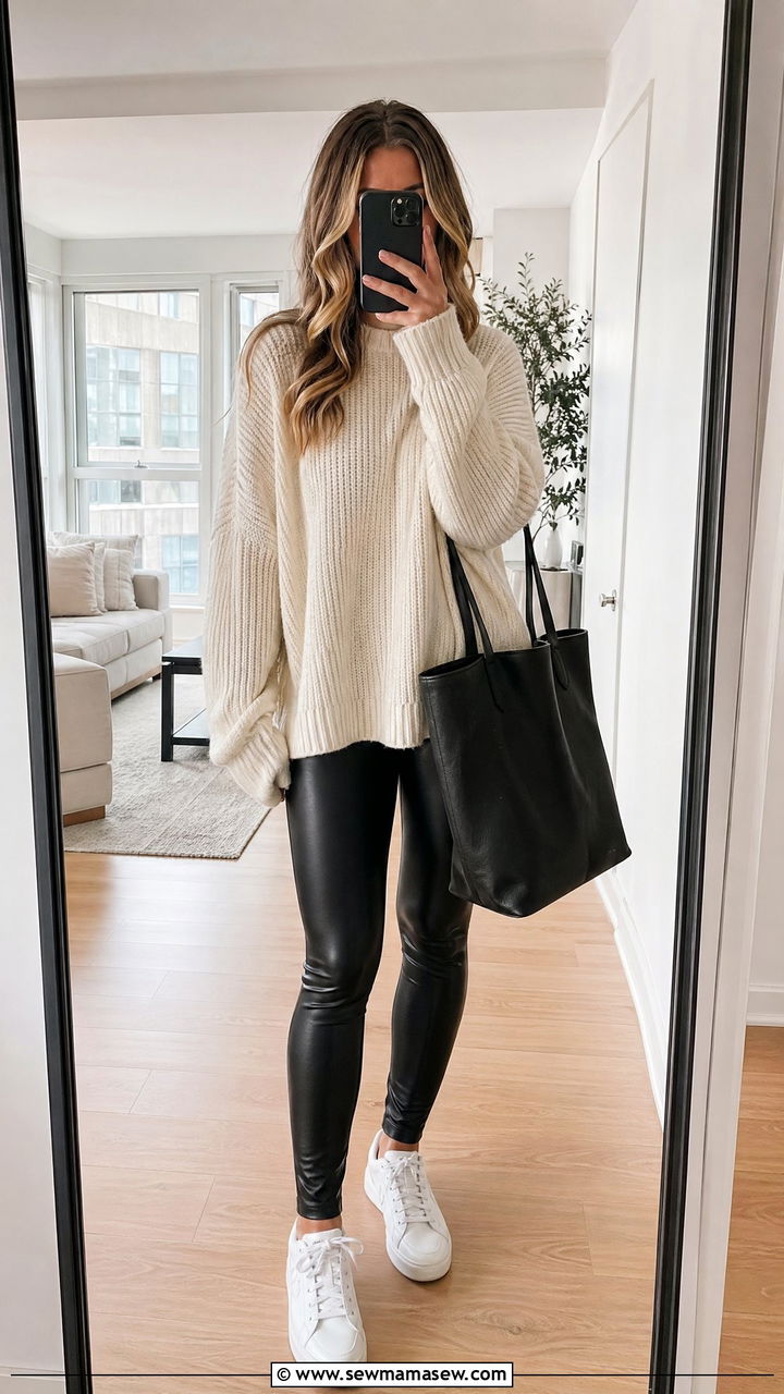 Oversized Sweater With Black Leather Leggings And Clean Sneakers - 35 classy summer to fall outfits