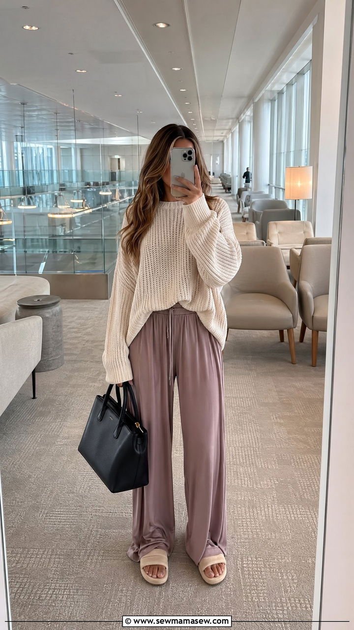 Oversized Sweater With Flowy Lounge Trousers - 35 Spring travel outfit ideas 2026