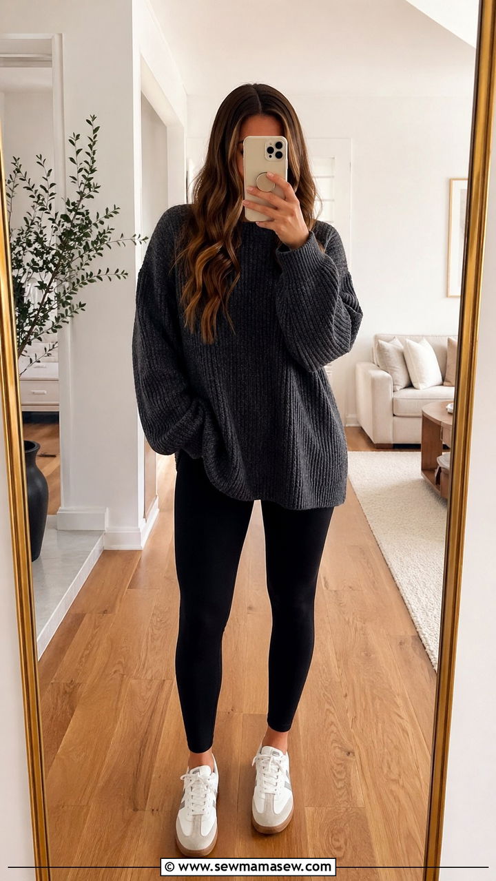 Oversized Sweater With Leggings and Low Profile Sneakers - 30 Sporty chic outfit ideas with sneakers