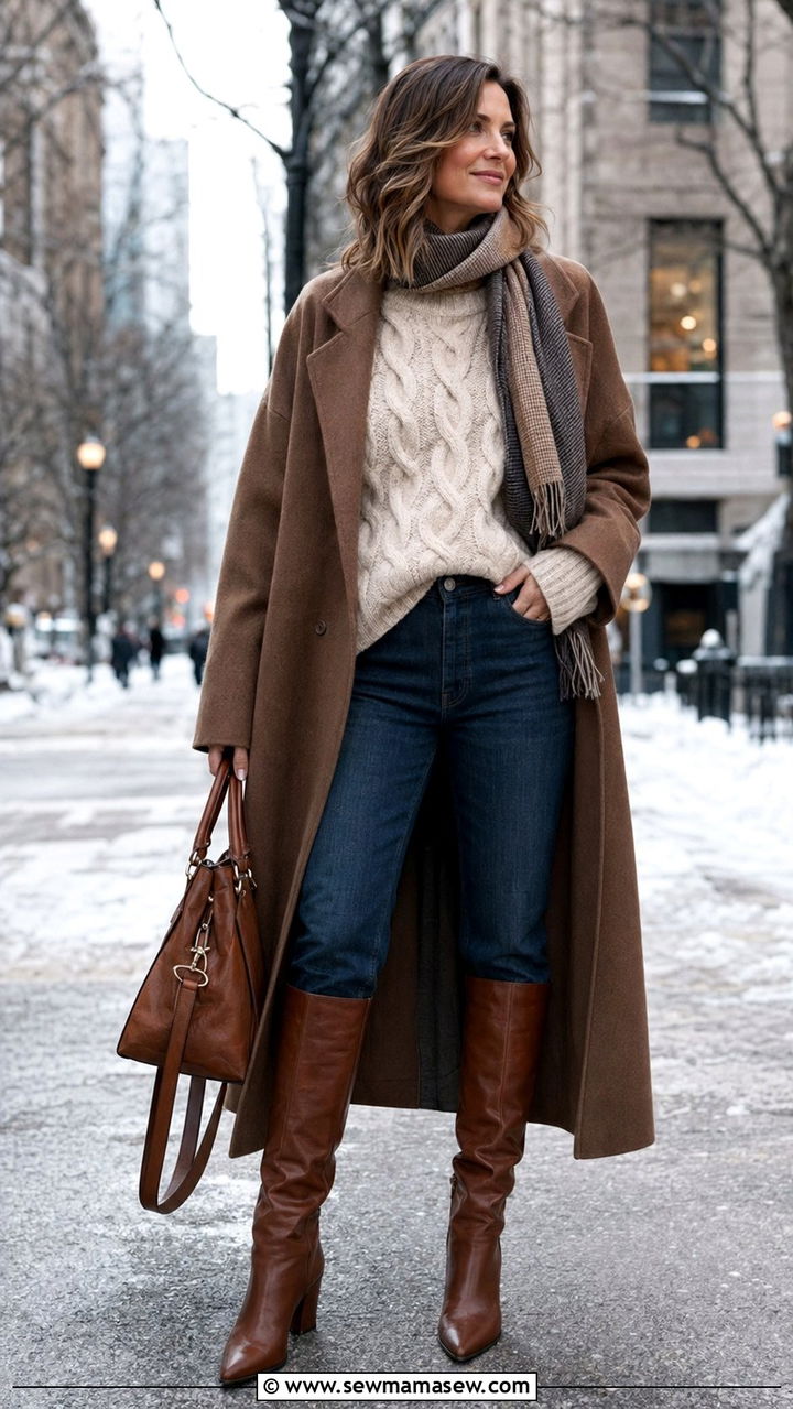 Oversized Sweater With Mom Jeans And Knee High Boots - 35 mom jeans outfits for women over 40