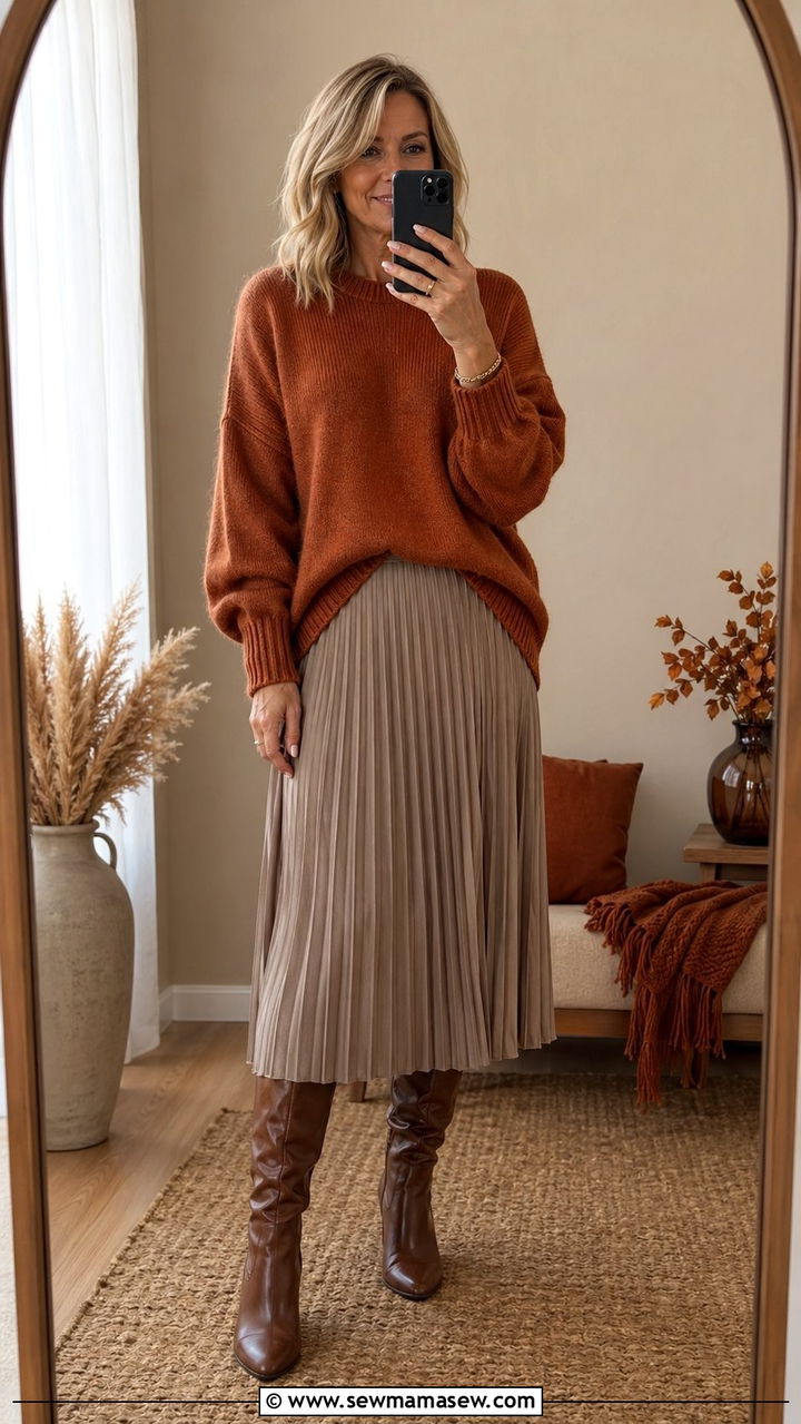 Oversized Sweater With Pleated Midi Skirt Outfit - 35 Modest outfits for women over 40