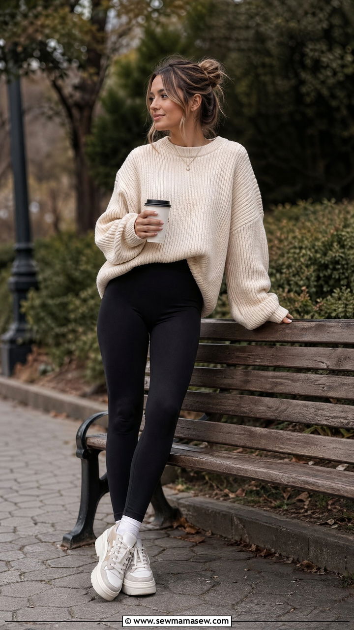 Oversized Sweater and High Waisted Leggings Outfit - 35 casual outfits for new moms