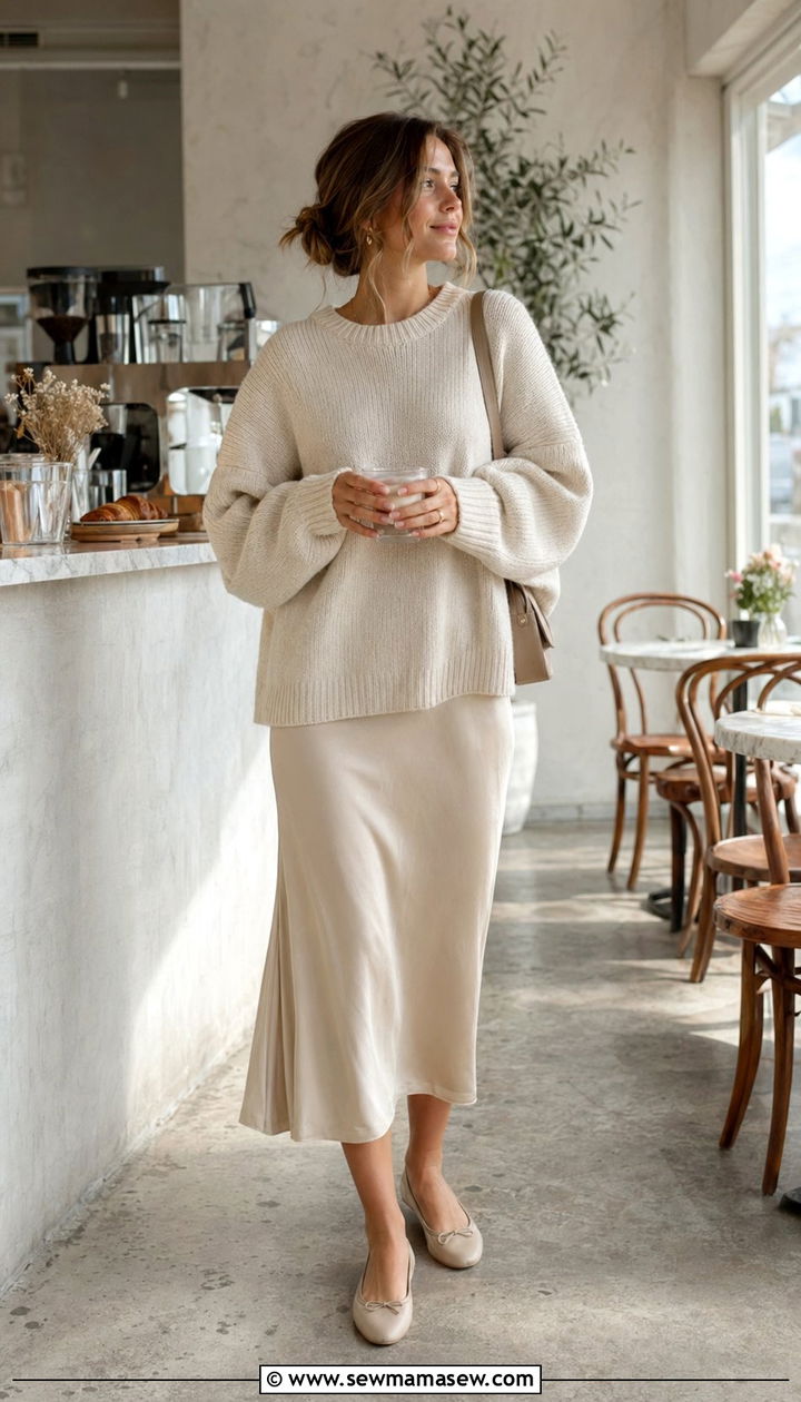 Oversized Sweater and Midi Skirt With Flat Shoes - 35 Normcore outfit ideas