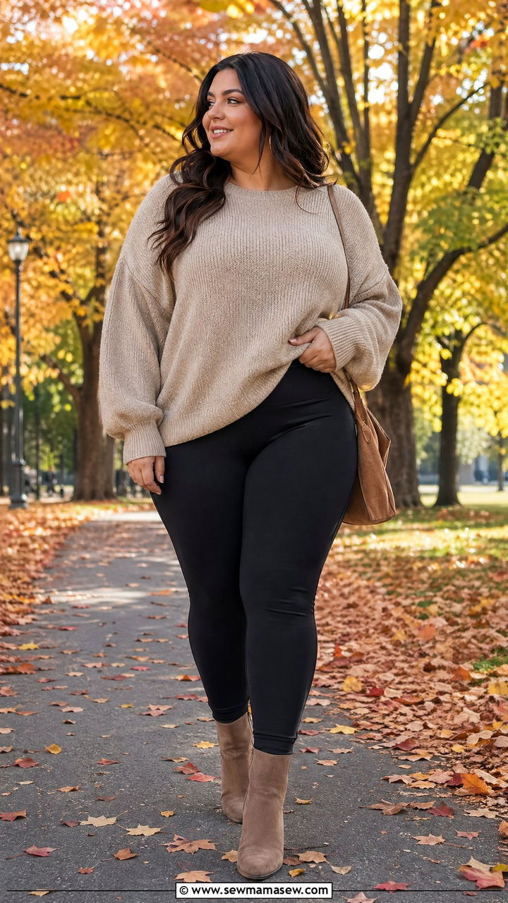 Oversized Sweater with Leggings and Ankle Boots - 35 casual outfits for curvy women